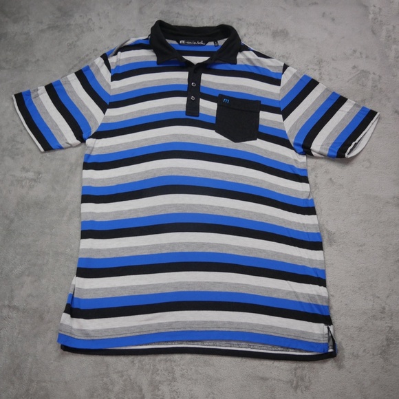 Travis Matthew Mens Large Black Blue Multicolored Stripe Short Sleeve Polo Shirt - Picture 1 of 12